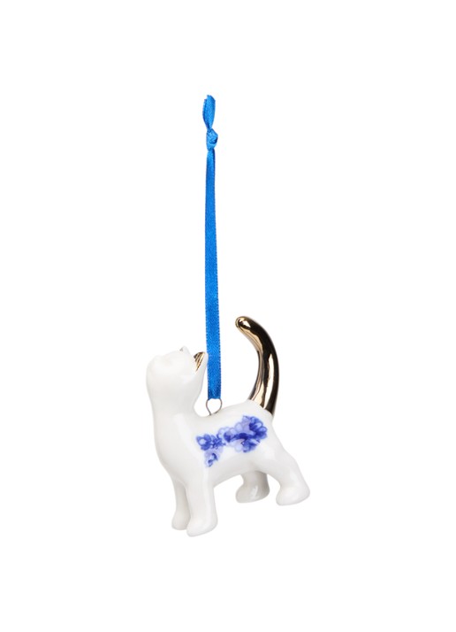 Heinen Delfts Blauw Bedelende Kat kersthanger 6,5 cm - voorkant 2 gebroken wit