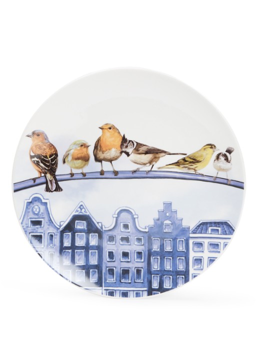 Heinen Delfts Blauw Bosvogels in de stad wandbord 26,5 cm