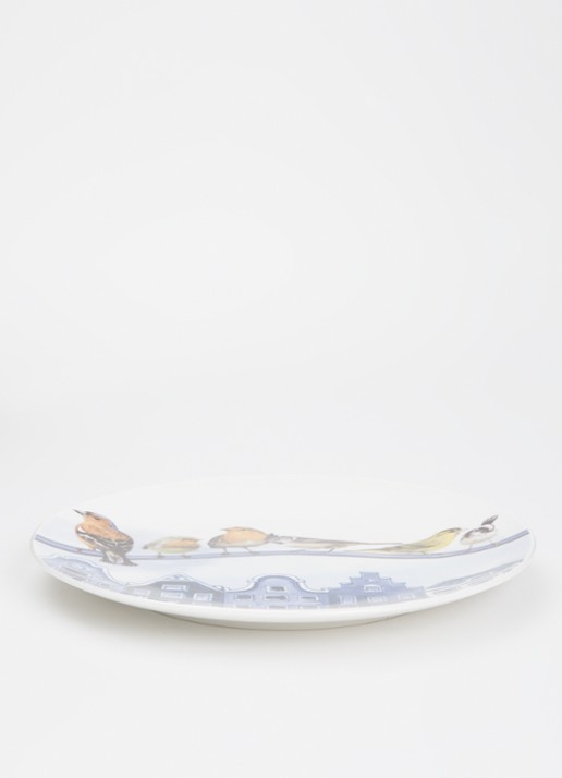 Heinen Delfts Blauw Bosvogels in de stad wandbord 26,5 cm - voorkant 3 wit