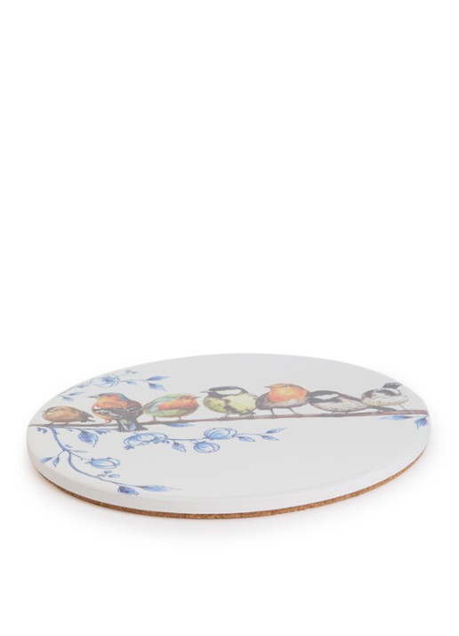 Heinen Delfts Blauw Bosvogels panonderzetter 18 cm - voorkant wit