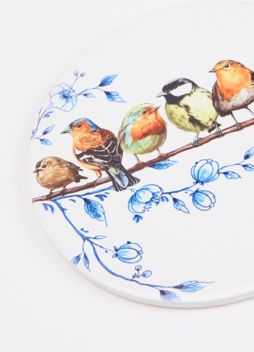 Heinen Delfts Blauw Bosvogels panonderzetter 18 cm - voorkant 2 wit