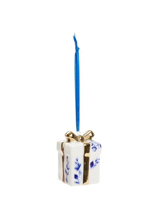 Heinen Delfts Blauw Cadeautje kersthanger 6,5 cm - voorkant gebroken wit