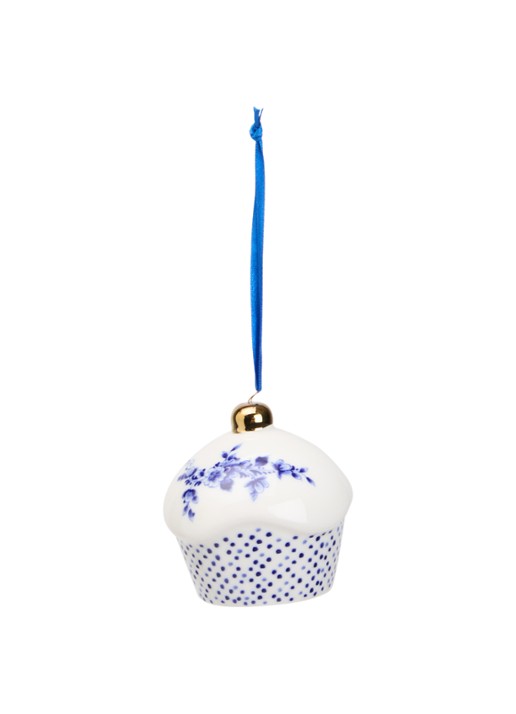 Heinen Delfts Blauw Cupcake kersthanger 6,5 cm - voorkant gebroken wit