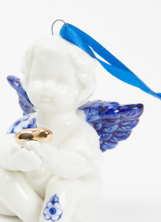Heinen Delfts Blauw Engel kersthanger 8,5 cm - detail gebroken wit
