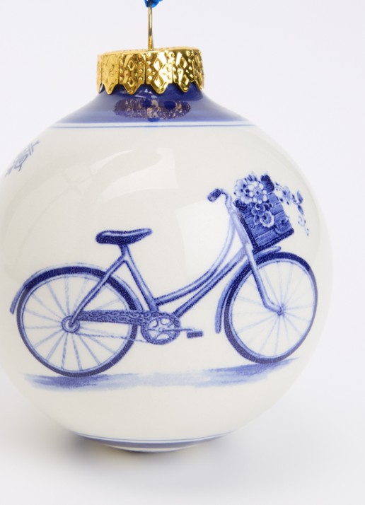 Heinen Delfts Blauw Fiets kerstbal 7 cm - detail donkerblauw
