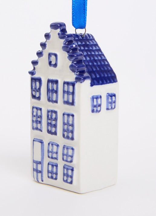 Heinen Delfts Blauw Grachtenhuisje kersthanger 7,5 cm - detail donkerblauw