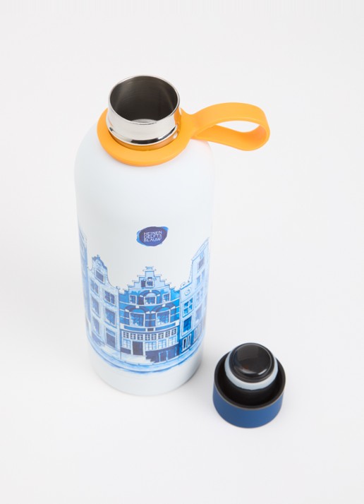 Heinen Delfts Blauw Grachtenpanden thermosfles 50 cl  - voorkant 2 blauw