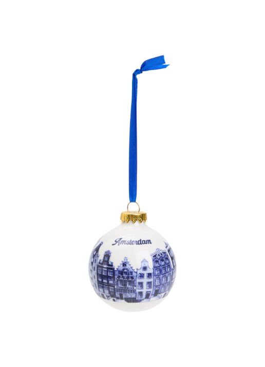 Heinen Delfts Blauw Grachtenpandjes kerstbal 7 cm
