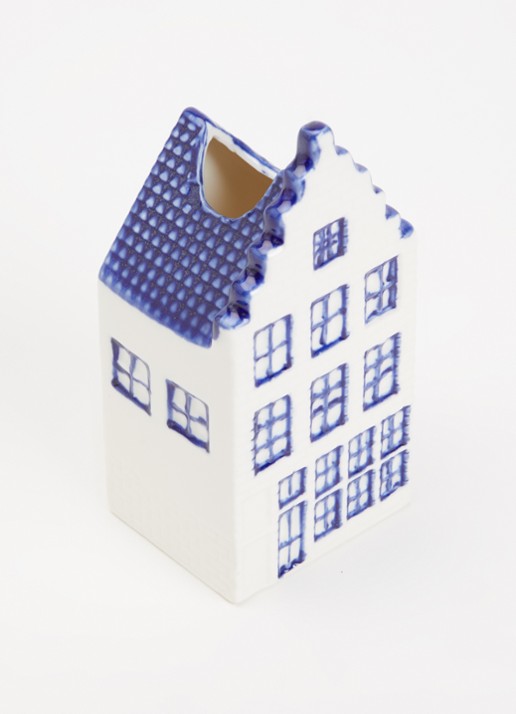Heinen Delfts Blauw Huisje 1 Trapgevel vaas 13 cm - voorkant 2 blauw