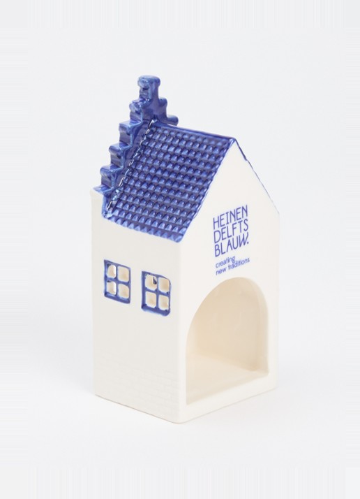 Heinen Delfts Blauw Huisje 1 Trapgevel waxinelichthouder 13 cm - voorkant 2 blauw