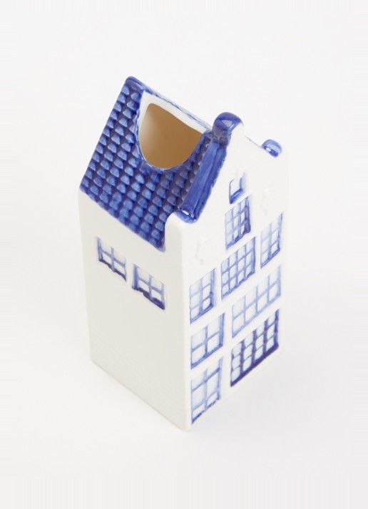 Heinen Delfts Blauw Huisje 4 Tuitgevel vaas 14 cm - voorkant 2 blauw