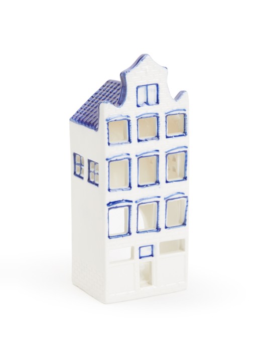 Heinen Delfts Blauw Huisje Halsgevel waxinelichthouder - voorkant blauw