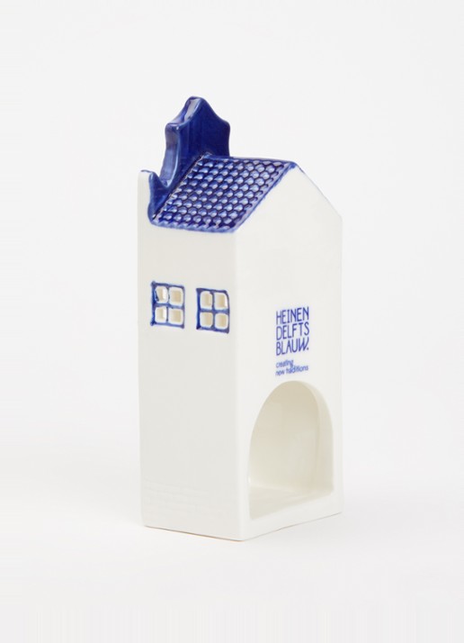 Heinen Delfts Blauw Huisje Halsgevel waxinelichthouder - voorkant 2 blauw