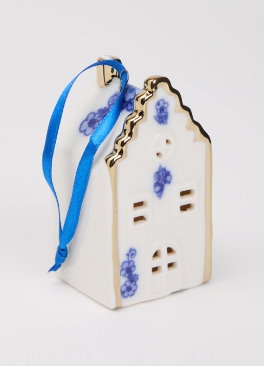 Heinen Delfts Blauw Huisje kersthanger 8 cm - detail multicolor