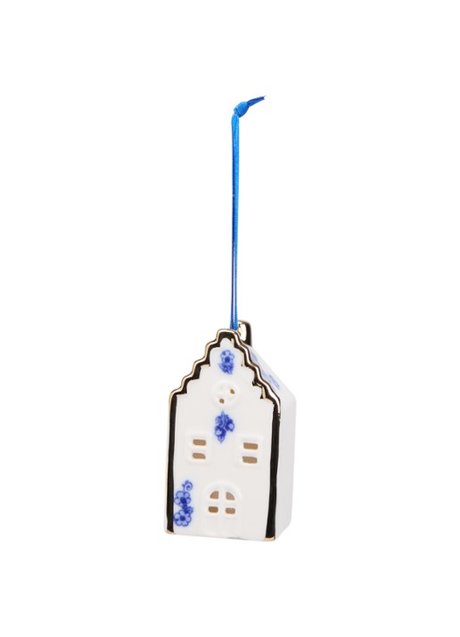 Heinen Delfts Blauw Huisje kersthanger 8 cm - voorkant 2 multicolor