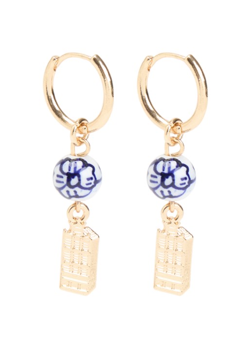 Heinen Delfts Blauw Huisje oorringen met hanger