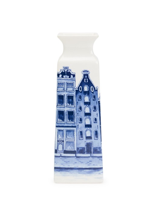 Heinen Delfts Blauw Huisjes vierkante vaas 22 cm