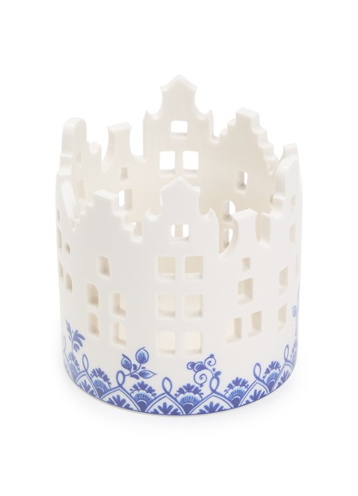 Heinen Delfts Blauw Huisjes waxinelichthouder 10,5 cm  - voorkant blauw