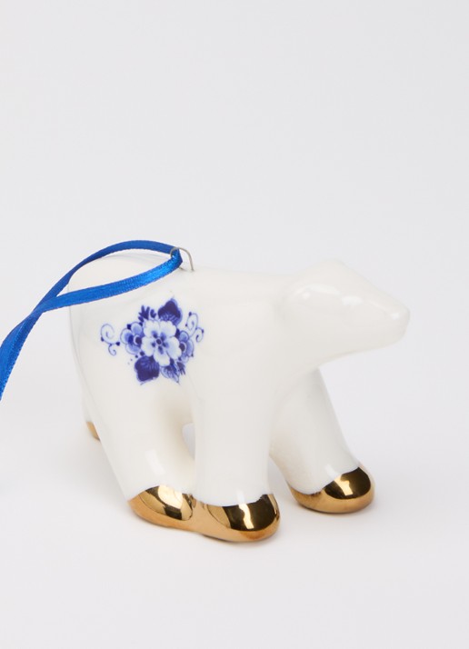 Heinen Delfts Blauw Ijsbeer kersthanger 6 cm - detail gebroken wit