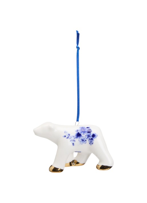 Heinen Delfts Blauw Ijsbeer kersthanger 6 cm - voorkant 2 gebroken wit