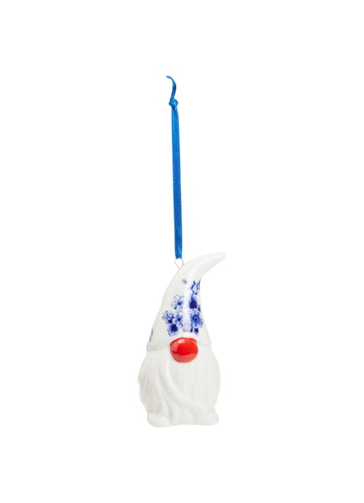 Heinen Delfts Blauw Kabouter kersthanger 10 cm - voorkant gebroken wit