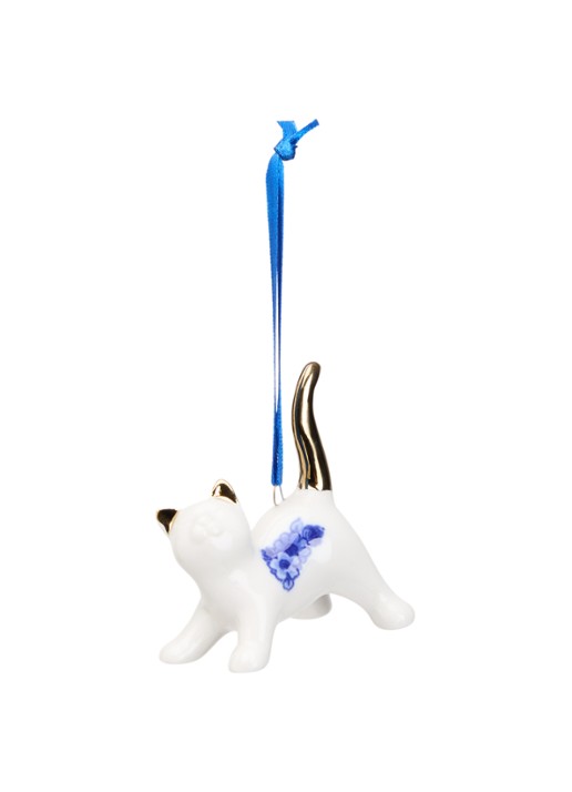Heinen Delfts Blauw Kat kersthanger 7 cm - voorkant 2 multicolor
