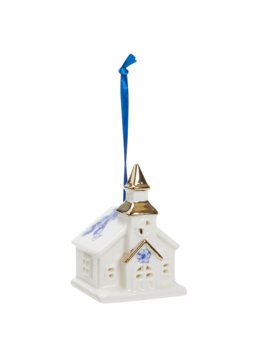 Heinen Delfts Blauw Kerk kersthanger 8 cm