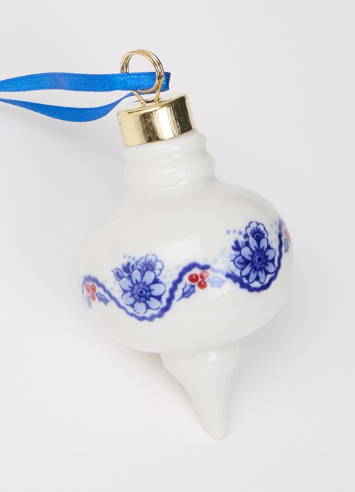 Heinen Delfts Blauw Kerstbal rond 8,5 cm - detail gebroken wit