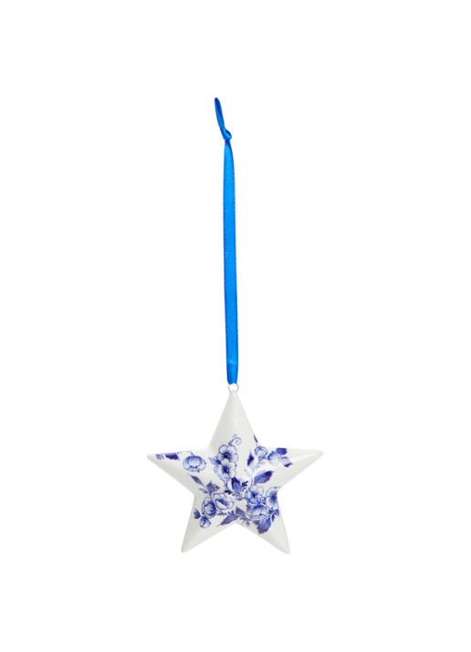 Heinen Delfts Blauw Kerstster kersthanger 8 cm - voorkant 2 gebroken wit