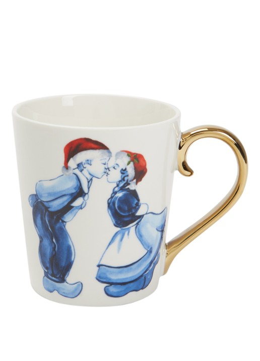 Heinen Delfts Blauw Kuspaar kerstkopje 30 cl - voorkant gebroken wit