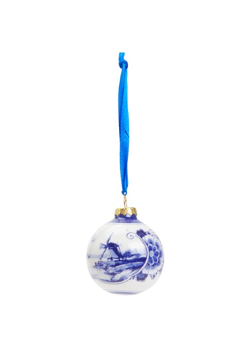 Heinen Delfts Blauw Landschap kerstbal 5 cm - voorkant gebroken wit