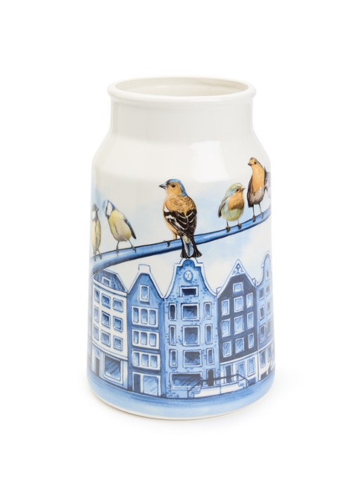 Heinen Delfts Blauw Melkbus grachtenpanden vaas 30 cm