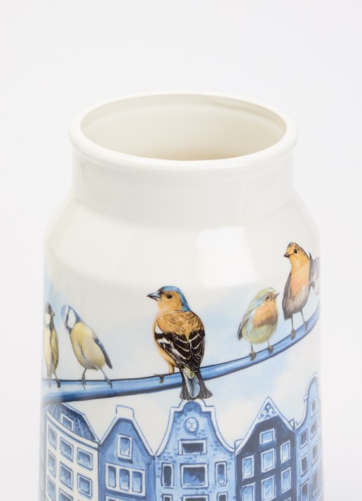 Heinen Delfts Blauw Melkbus grachtenpanden vaas 30 cm  - voorkant 2 blauw