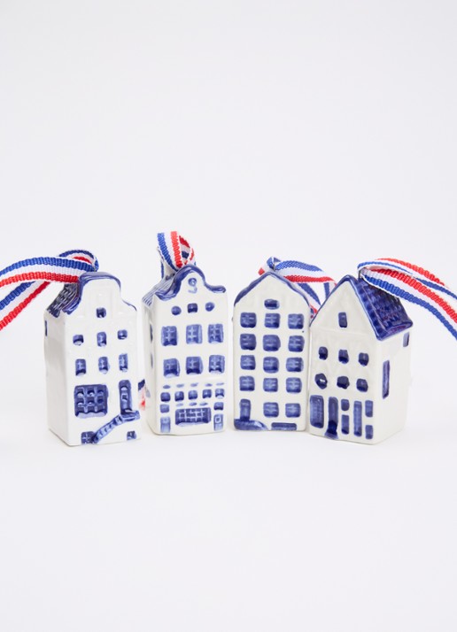 Heinen Delfts Blauw Mini grachtenhuisjes kersthanger 5,5 cm set van 4 - detail donkerblauw