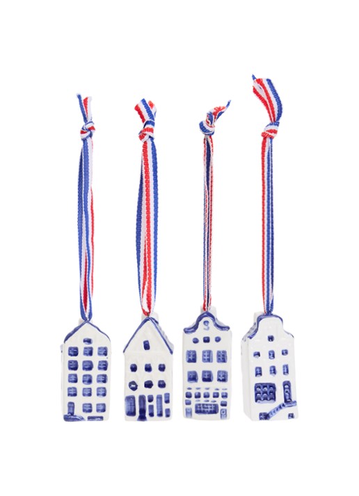 Heinen Delfts Blauw Mini grachtenhuisjes kersthanger 5,5 cm set van 4