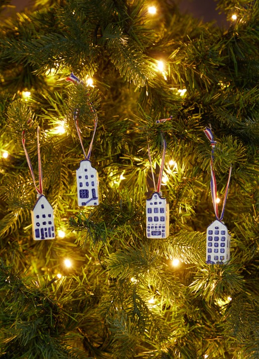 Heinen Delfts Blauw Mini grachtenhuisjes kersthanger 5,5 cm set van 4 - voorkant 3 donkerblauw