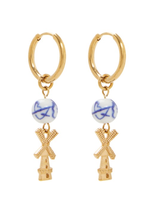 Heinen Delfts Blauw Molen oorringen met hanger