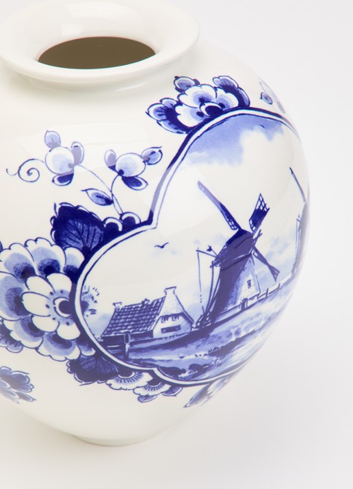 Heinen Delfts Blauw Molen vaas 20 cm  - voorkant 2 blauw