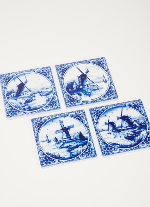 Heinen Delfts Blauw Molens onderzetter set van 4 - voorkant 2 donkerblauw