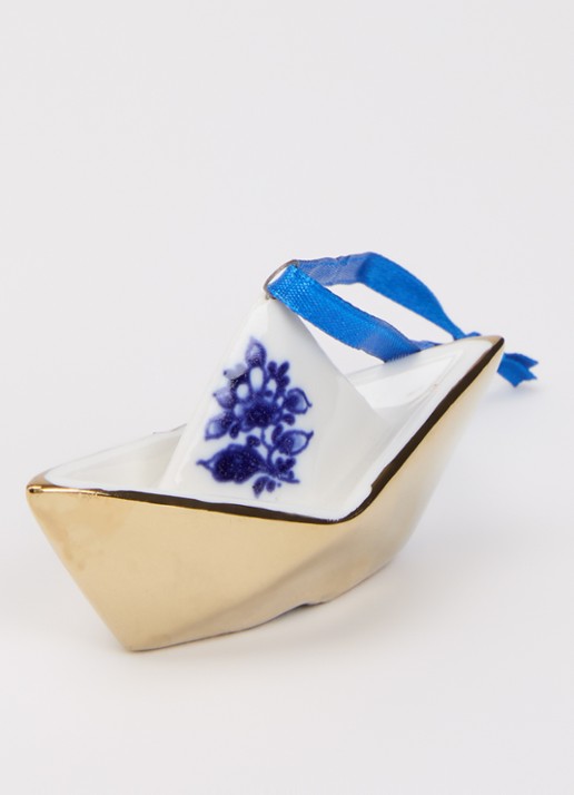 Heinen Delfts Blauw Origami Boot kersthanger 4 cm - detail gebroken wit