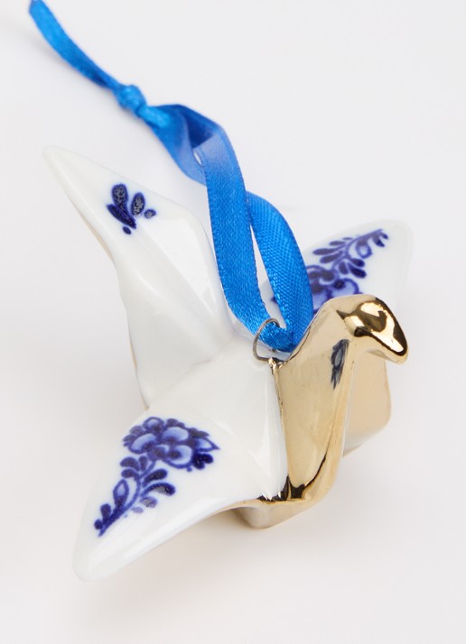Heinen Delfts Blauw Origami Kraanvogel kersthanger 4 cm - detail 2 goud