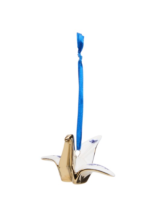Heinen Delfts Blauw Origami Kraanvogel kersthanger 4 cm - voorkant goud
