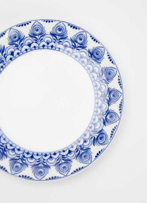 Heinen Delfts Blauw Paauw Blauw gebaksbordje 15 cm - detail wit