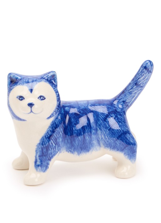 Heinen Delfts Blauw Poes ornament 9 cm