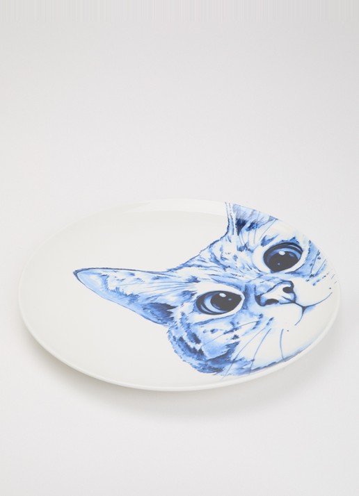 Heinen Delfts Blauw Poes wandbord decoratie 31 cm  - voorkant 2 blauw