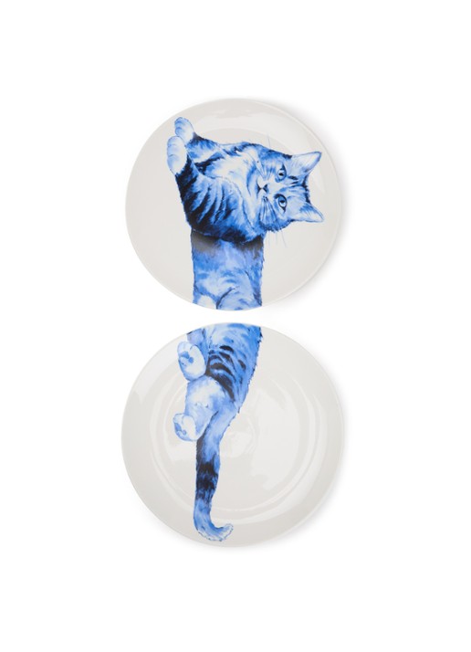 Heinen Delfts Blauw Relaxte kat tweeluik wandbord 26 cm  2-delig