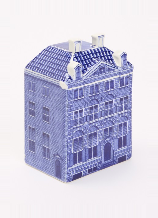 Heinen Delfts Blauw Rembrandthuis ornament 14 cm - voorkant 2 donkerblauw
