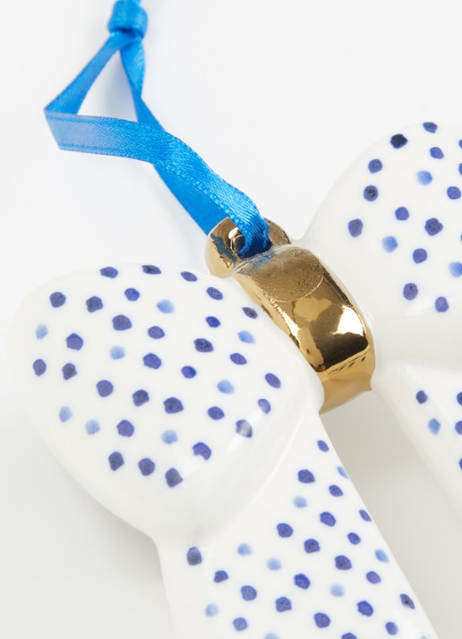 Heinen Delfts Blauw Strik Stippen kersthanger 7,5 cm - detail gebroken wit