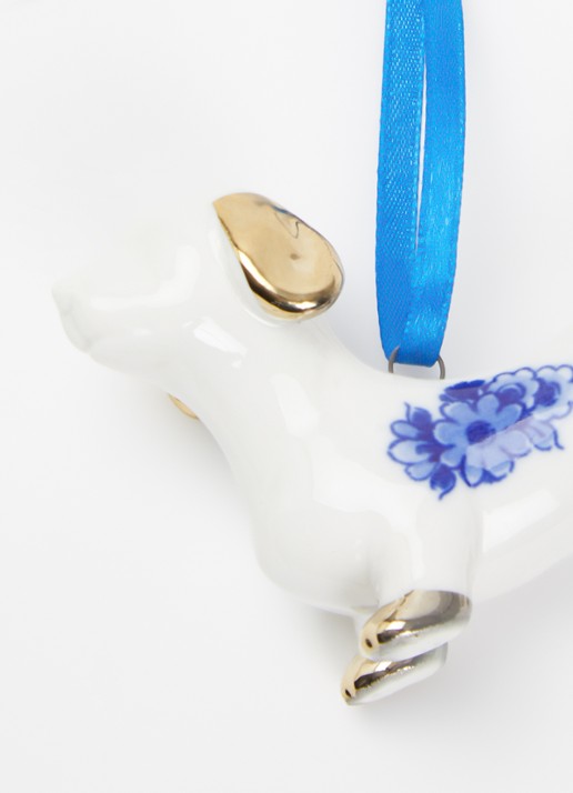 Heinen Delfts Blauw Teckel kersthanger 5,5 cm - detail gebroken wit