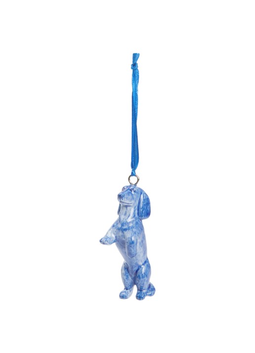 Heinen Delfts Blauw Teckel Nhaan Bedelen kersthanger 9 cm - voorkant 2 royalblauw